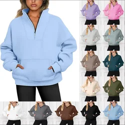 Women Autumn Winter Stand Collar Solid Color Pocket Zipper Casual Loose Fleece Top Sweatshirt Pullover