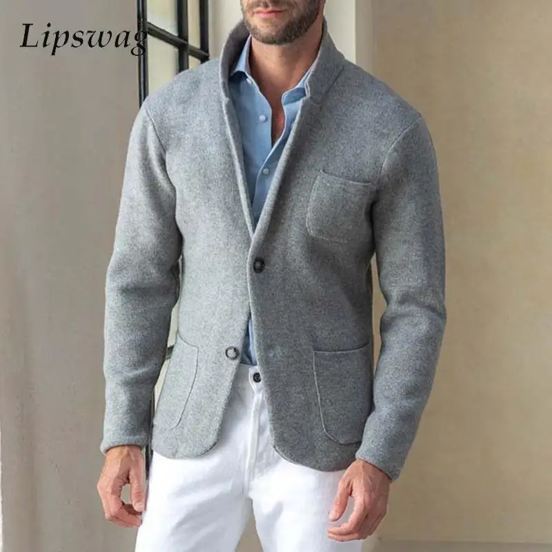 Winter Mens Outerwear Casual Long Sleeve Stand Collar Slim Woolen Jacket Men Coat Outfits New Spring Men Vintage Cardigan Coats