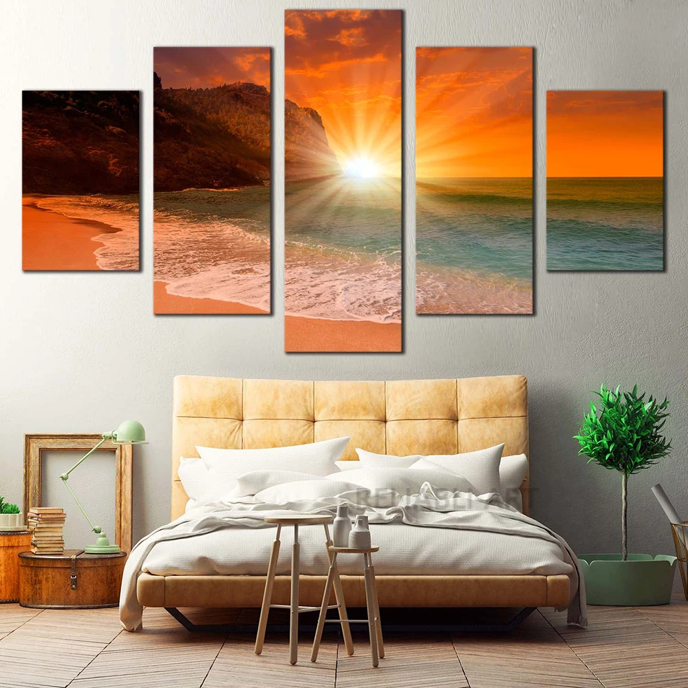 5pcs Cleopatra Ocean Canvas Painting Wall Art Orange Sky Ocean Beach Multi Turkey Sand Beach Sunrise Wall Decor No Frame