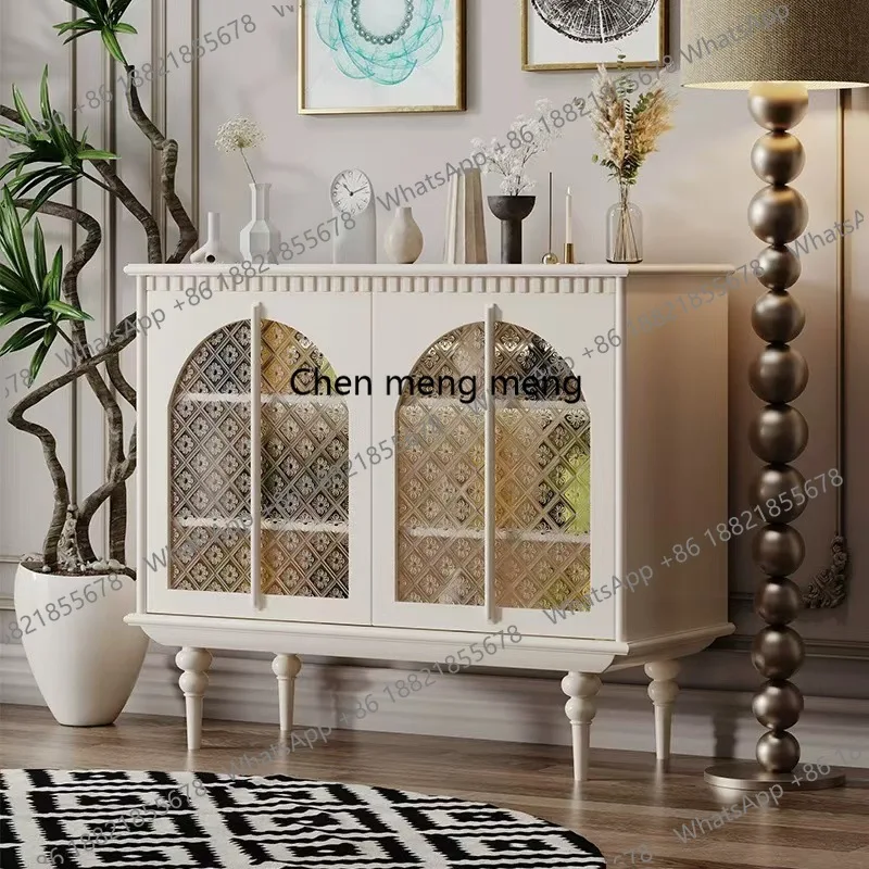 French entrance cabinet retro solid wood storage decorative glass door with sensor light living room dining side cabinet