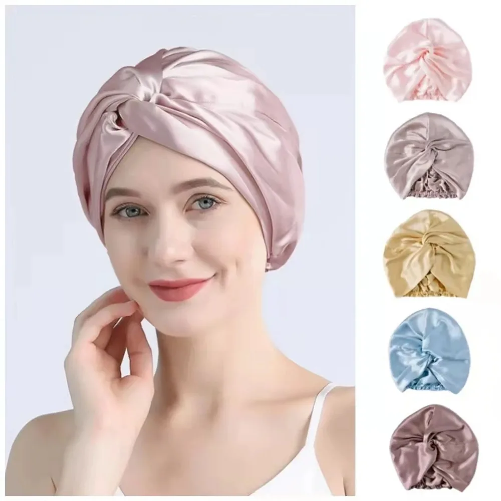 

Silk Bonnet Solid Color Turban Hat for Women Soft Sleeping Night Cap Double Layer Silk Hair Wrap Cap for Curly Ladies Bath Cap