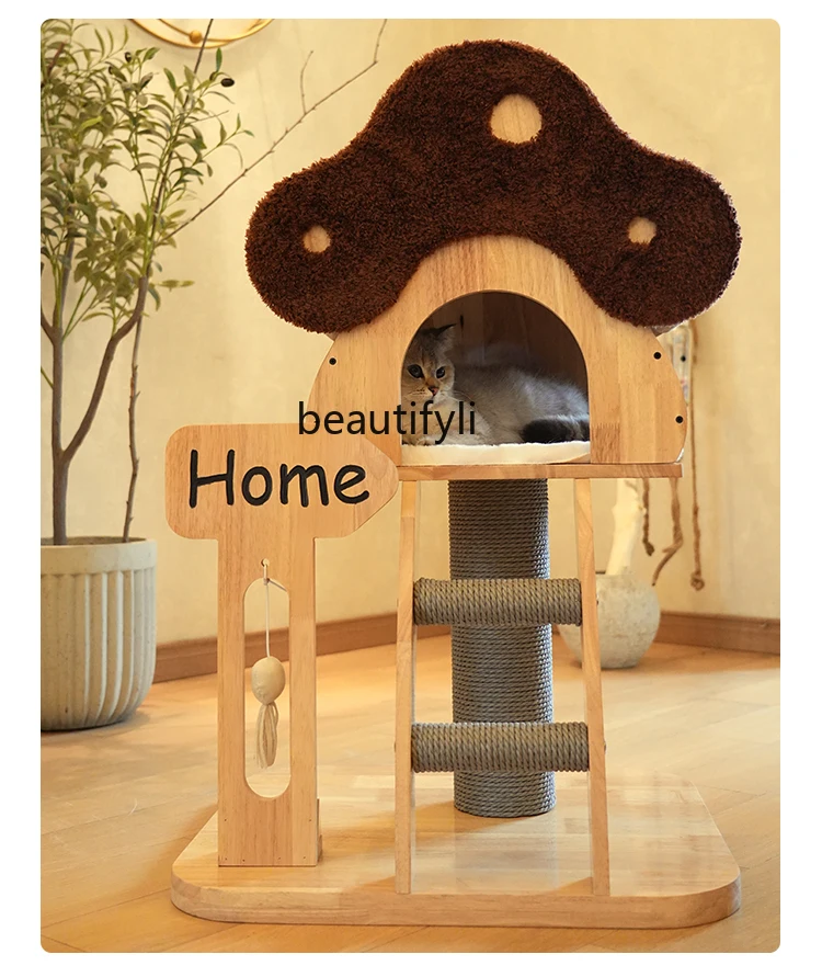 Mushroom Cat Climbing Frame Solid Wood Rubber Wood Cat Nest Grinding Claw Column Corrugated Small Apartment