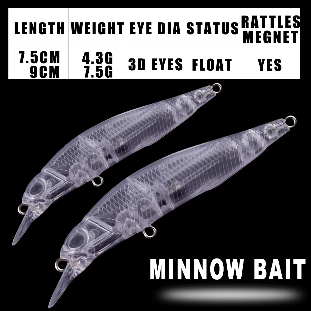 Dr.Holife 2 Sizes Unpainted Minnow Blanks Lure 7.5CM/9CM Float Minnow Body With Rattles Megnet Artificial Hard Bait For DIY Lure