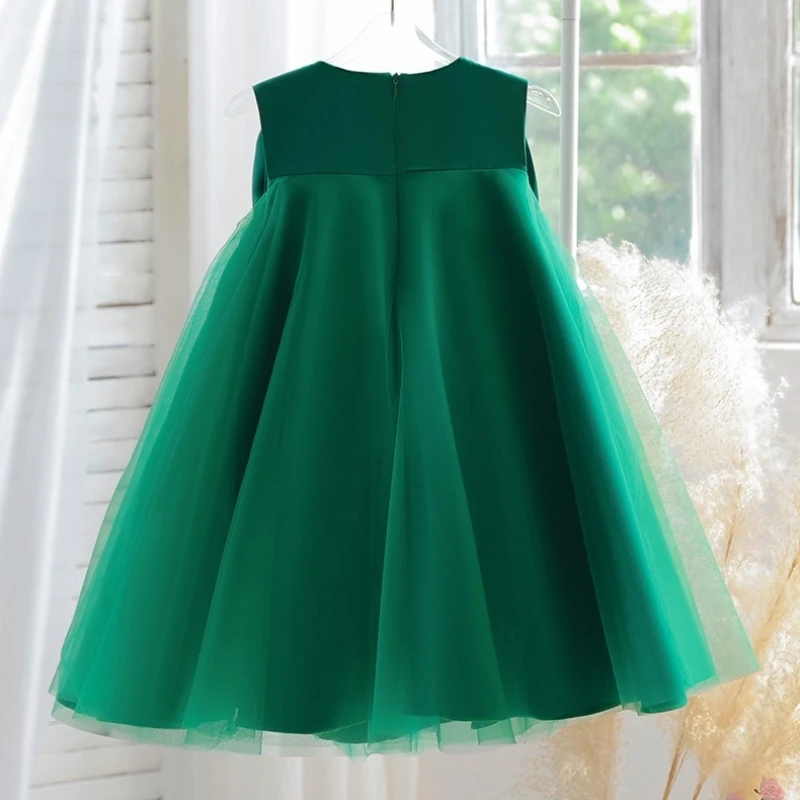 2-10 Years Old Plain Green Big Bow Girl\'s Dresses SleevelesSash Elegant Kid Vestidos 2 4 6 8 10 Years Old Kids Clothes OGF244436