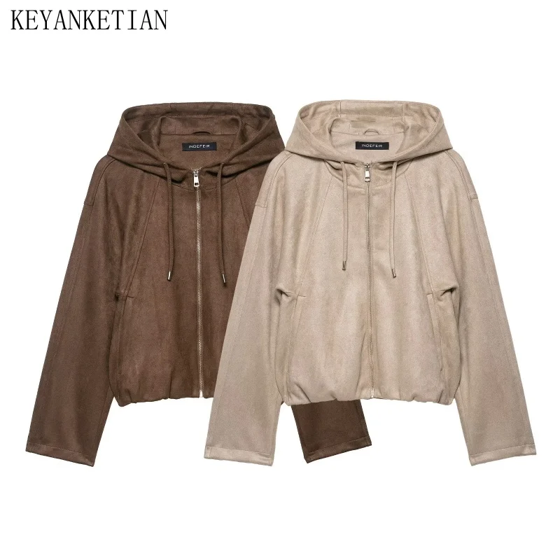 

KEYANKETIAN Autumn And Winter New Women's Hooded Drawstring Placket Zipper Suede Pilot Jacket Women Leather Coat