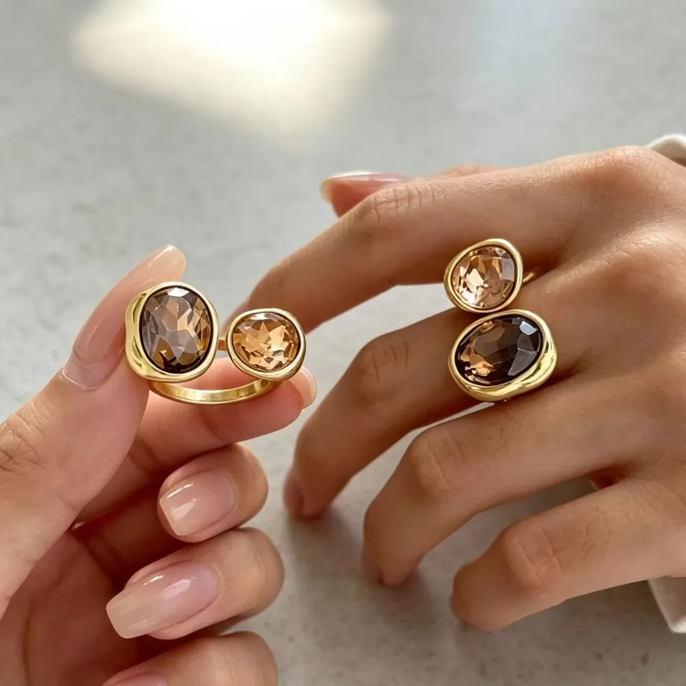 Women Retro Brown Rhinestone Open Ring Geometric Square Crystal Real Gold Plated Exquisite Finger Jewelry Gift