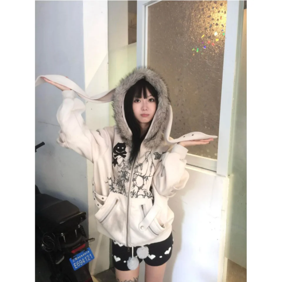 Korean style cute bunny ears cardigan coat for women autumn and winter design fur collar loose gothic retro long-sleeved top y2k