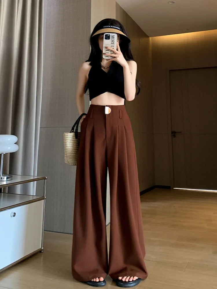 High Waist Suit Wide Leg Women\'s Full Pants Buttons Spring Summer Female Elegant Minimalism Straight Loose Trousers 2024 New