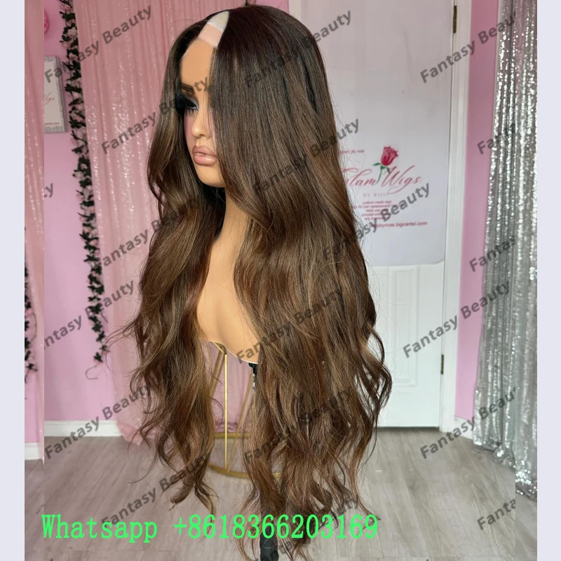 Long Wavy 28Inches Ombre Dark Roots Golden Brown Human Hair Full Machine Made V Part Wigs for Black Women Top Quality Adjustable