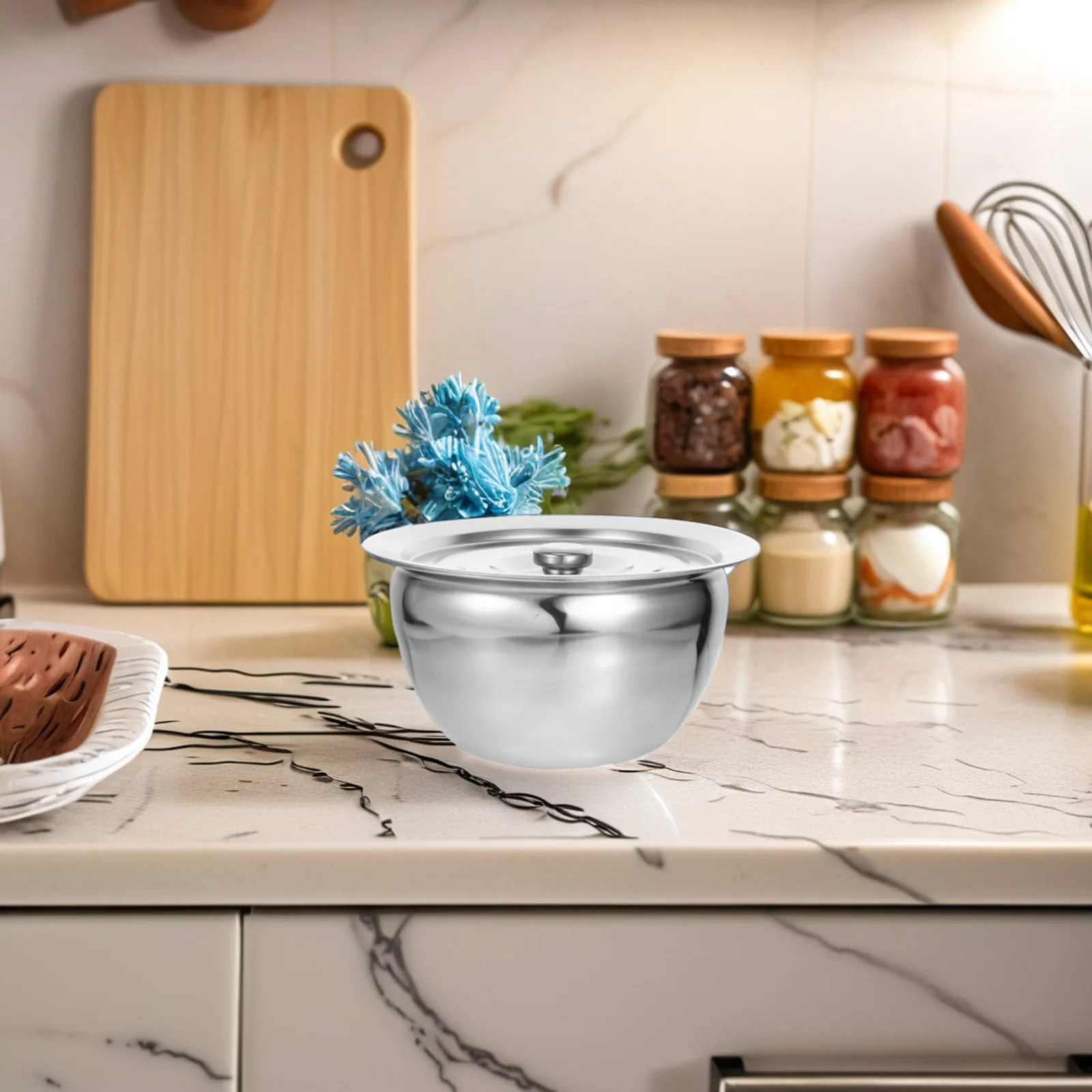 

Stainless Steel Oil Basin Deep Mixing Bowls Kitchen Silver Large Cooking Storage Frying Waste Hot Oil Lid Design