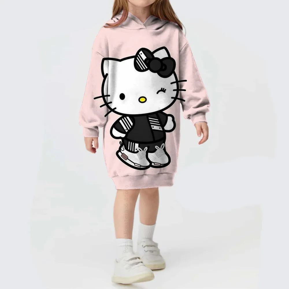 

4-9 Years Kids Toddler Long Hoodie Dress for Girls Full Sleeve Hello Kitty Kuromi print Sweatshirts Outfits Baby Hooded Dress