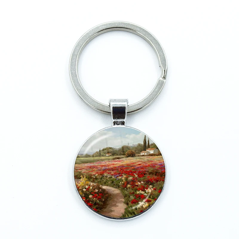 Claude Monet Oil Painting Sunflower Poppy Keychain For Women Men Glass Keyring Motorcycles Cars Backpack Decorative