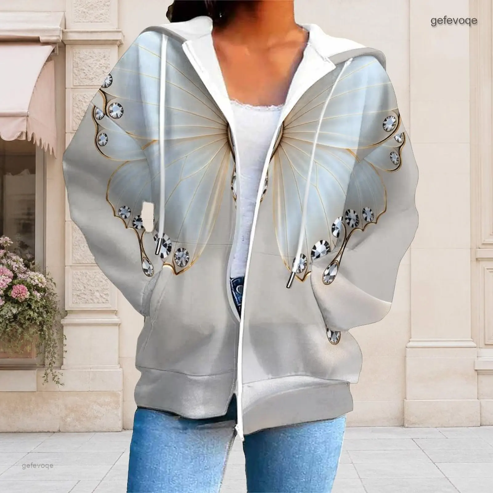 Women Butterfly Wing Print Full Zip Long Sleeve Drawstring Hooded Sweatshirt