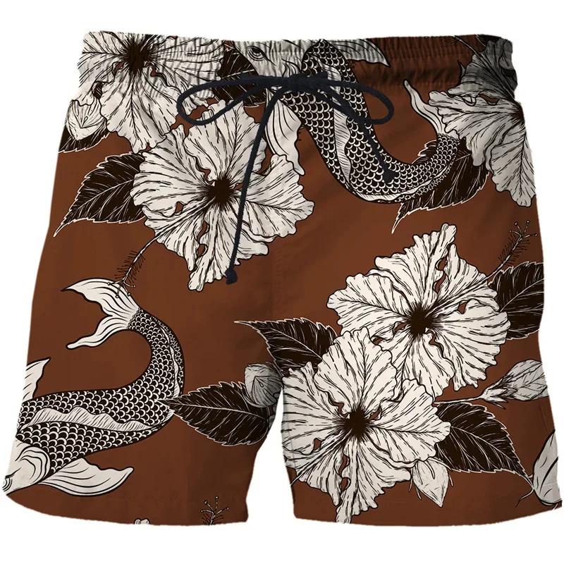 Cartoon Art 3D Printed Beach Shorts For Men Koi Carp Pattern Summer Swim Trunks Board Shorts Street Sports Running Short Pants