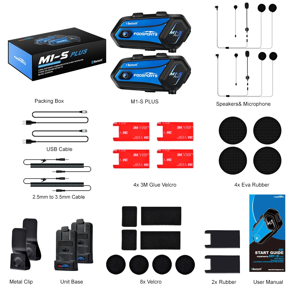 2pcs Fodsports M1-S Plus Helmet Intercom Motorcycle Helmet Bluetooth Headset 8 Riders 2000M,FM Radio,Music Share.
