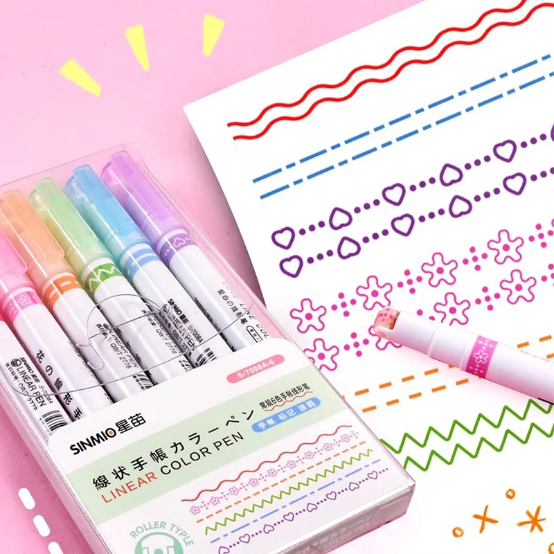 6 ピース/セットかわいい花ライン形蛍光ペンローラーチップカーブライナーマーカー書き込みジャーナリング描画文具