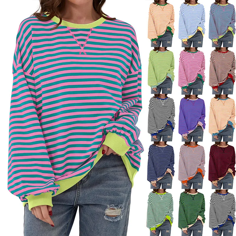 Sweat-shirt rayé ample et décontracté pour femme, Long, Sve, automne-hiver, Faion, confortable, doux, rond, Ne, pull à capuche
