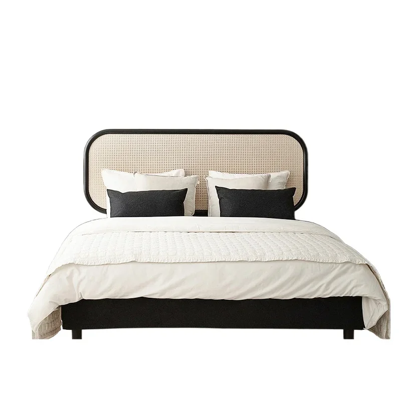 

Nordic solid wood rattan bed double modern simple bedroom 1.5 1.8 meters fabric removable and washable ash wood