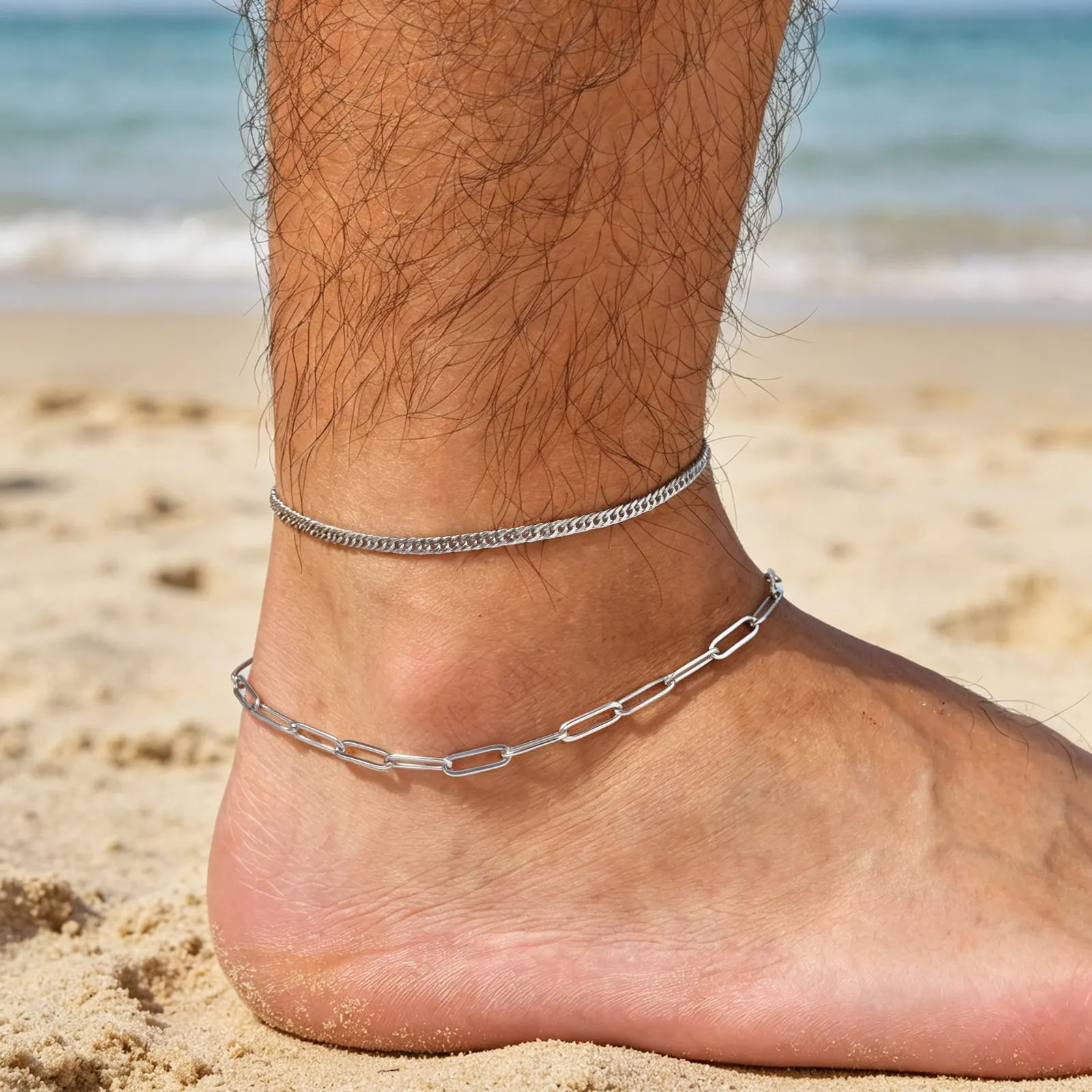 2 Stück Herren-Ketten-Fußkettchen, Hip-Hop Wasserdichtes Edelstahl Kubanisches Gliederarmband, Sommer-Strandschmuck für Jungen und Männer – Detail 4