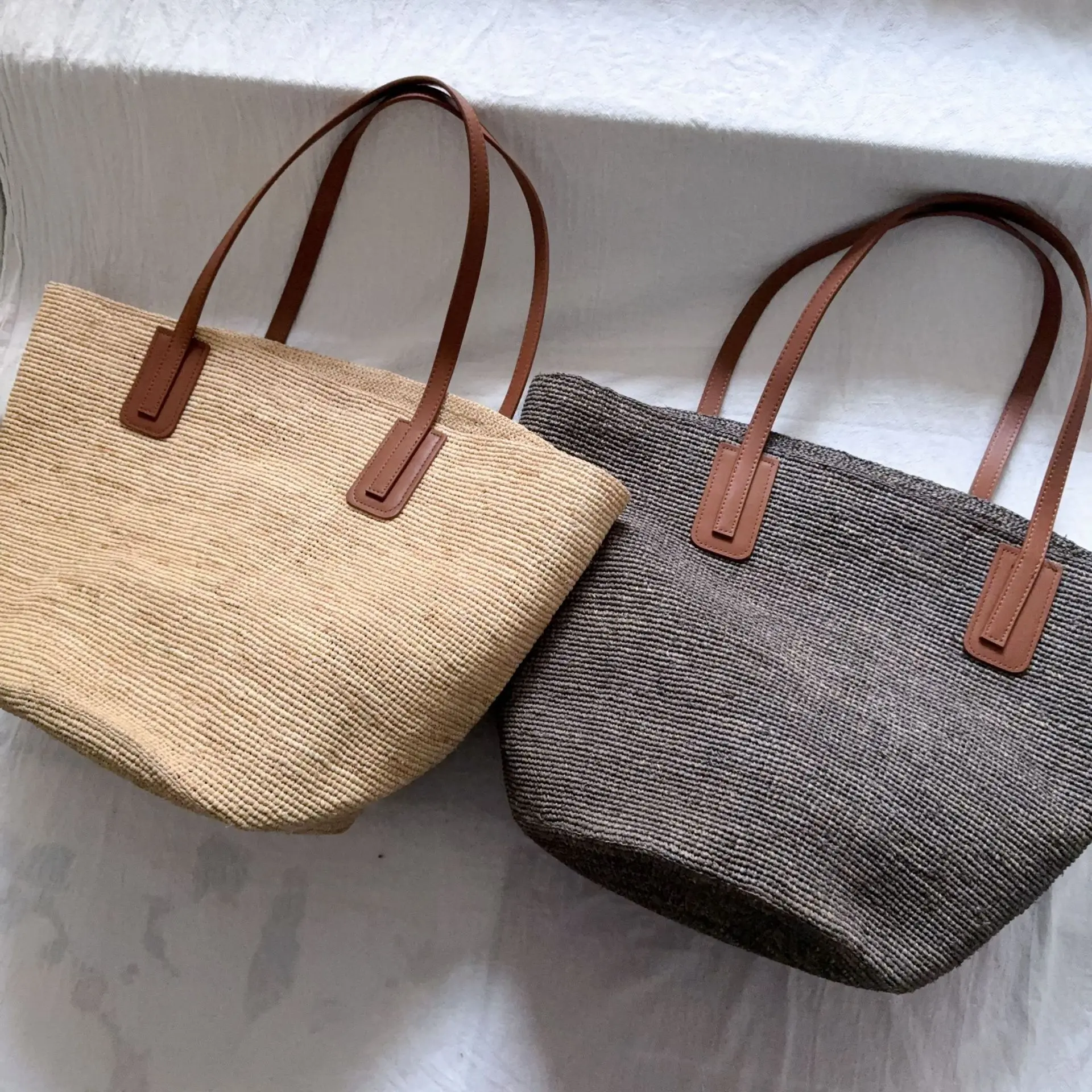 Free Lazy Artistic Texture Large Capacity Straw Tote Bag Lafite Grass Weaving Handmade Woven Summer Beach Bag Commuter Shopping