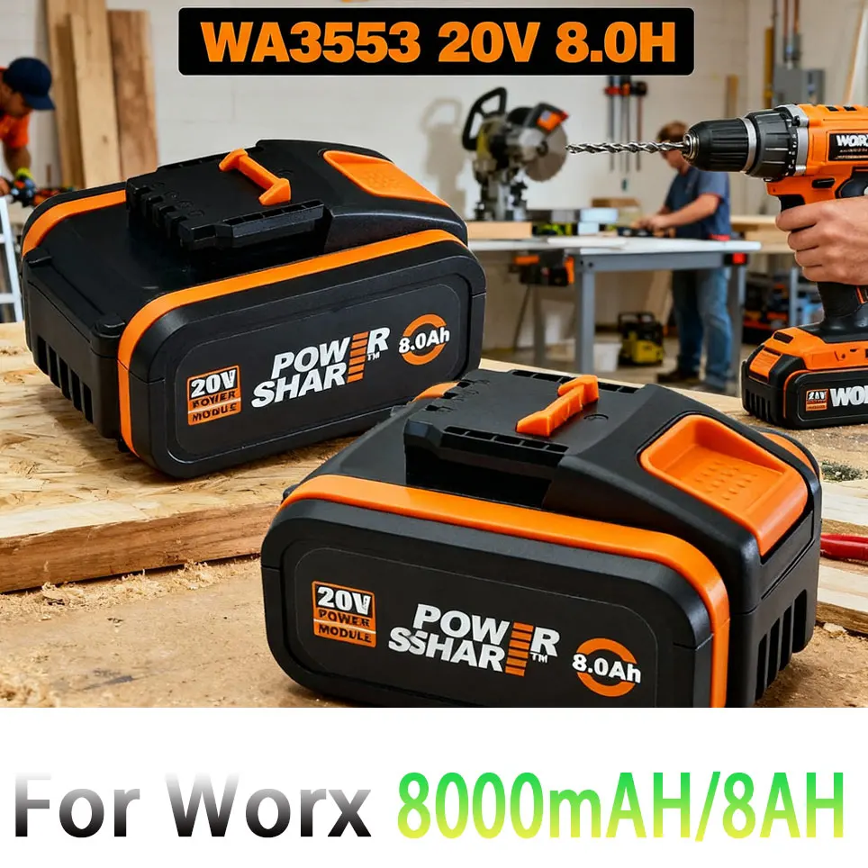Batterie Li-ion 20V 8000mAh pour Worx WX390/WX176/WX166.4/WX372.1 WX800/WX678/WX550/WX532/WG894E WG629E/WG329E/WG2