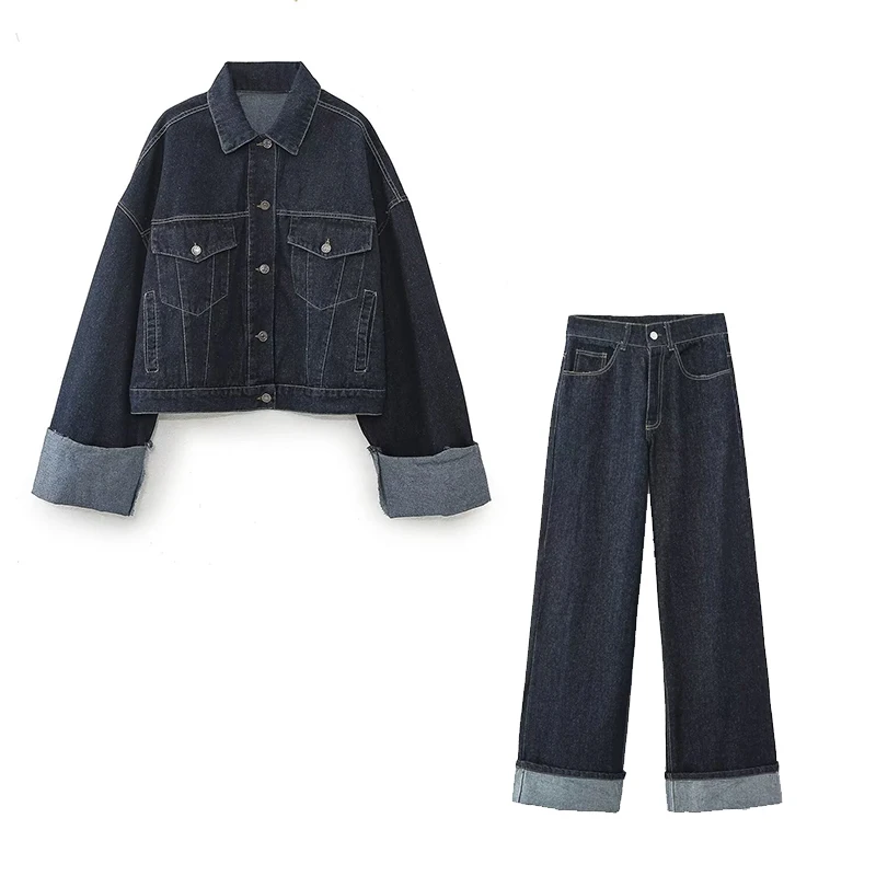 

Willshela Women Fashion 2 Piece Set With Pocket Denim Solid Jackets & Vintage Front Zipper Trousers Feamle Chic Lady Pants Sets