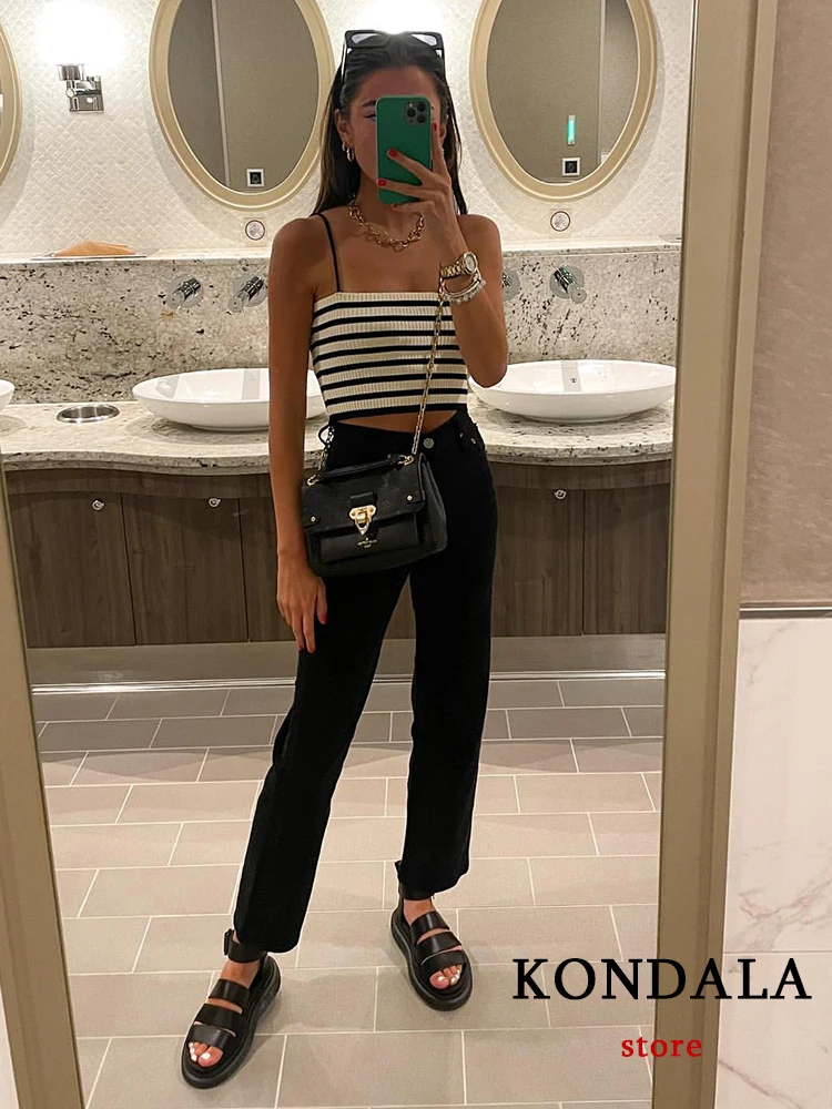 KONDALA Square Collar Striped Knitted Summer Crop Tpos Women Casual Basic T Shirts Off Shoulder Cami Sexy Backless Tank Tops