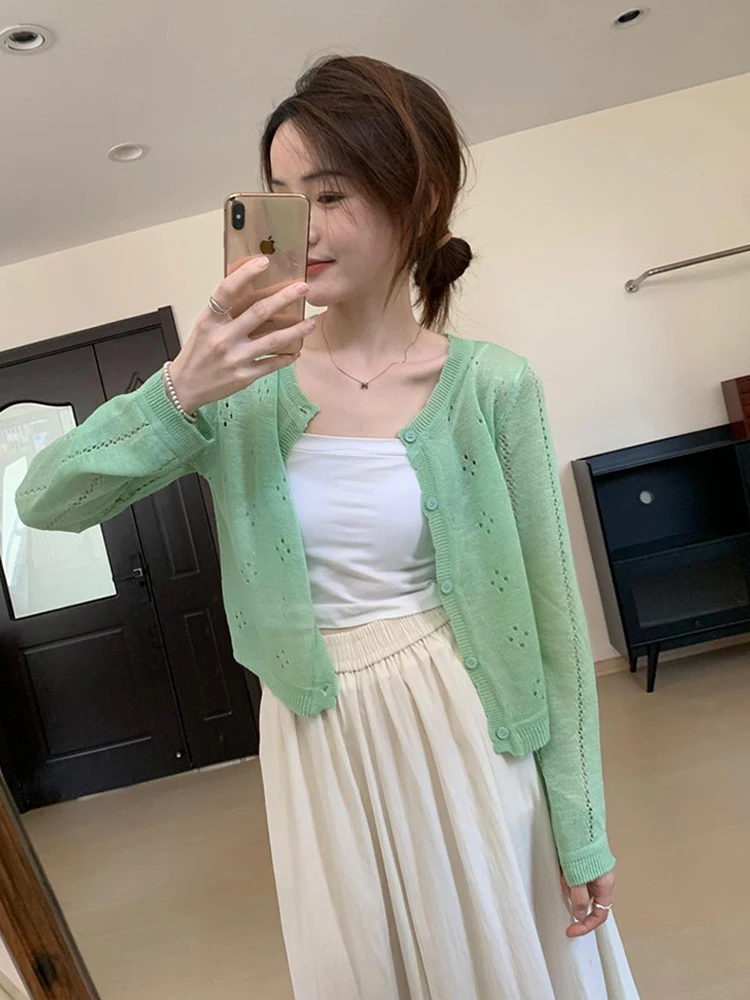 เสื้อคาร์ดิแกนถักแบบโปร่งสไตล์ฝรั่งเศส แขนยาว คอกลม ทรงหลวม แฟชั่นเรียบง่าย สไตล์ลำลอง สำหรับผู้หญิง ใส่แล้วดูผอมเพรียว เหมาะสำหรับฤดูใบไม้ร่วง