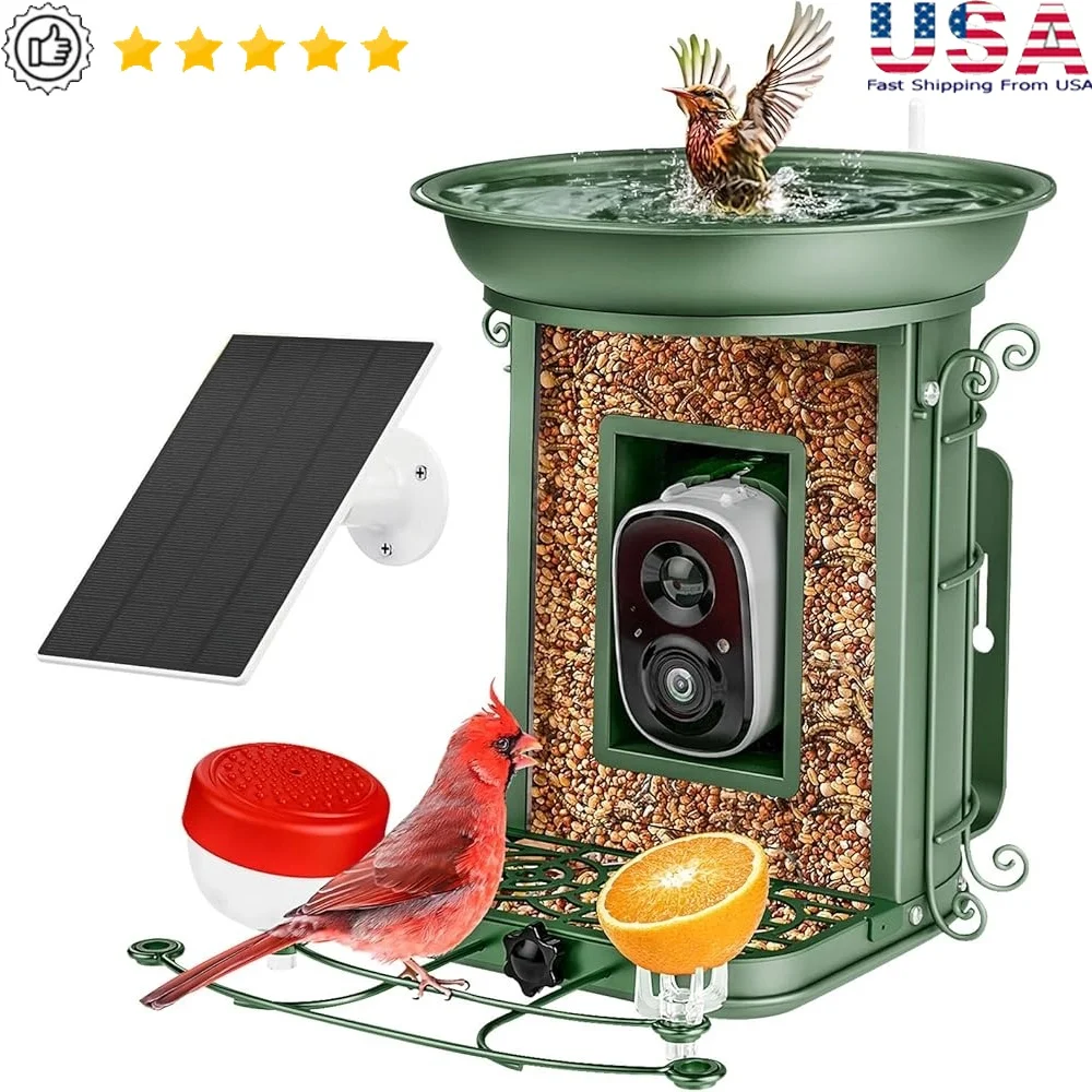 

Smart Bird Feeder with Camera Solar Panel Bird Bath AI Bird Species Identification Live View Notification HD 2K Outdoor Wildlife