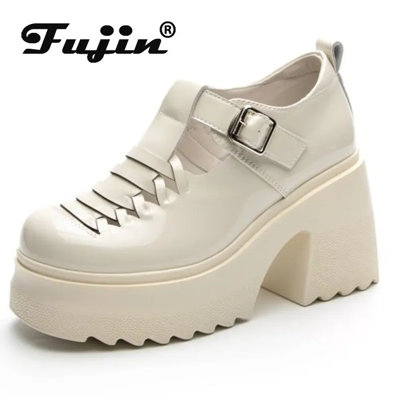 

Fujin 10CM Wedge Pumps Moccasins Patent Genuine Leather Summer Women Platform Fashion High Lady Shoes Female Hook Sandals Shoes