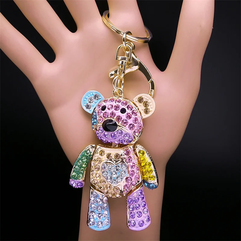 Cute Sweet Colorful Full Crystal Big Bear Key Chain Alloy Rhinestone Fashion Bag Accessories Keyring Jewelry Wholesale N9029