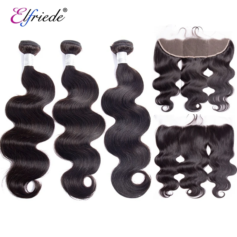 

Elfriede Natural Black Body Wave Bundles with Frontal Brazilian Remy 100% Human Hair Weaves 3 Bundles with Lace Frontal 13x4