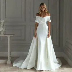 Vestido De novia De sirena De satén blanco con tren desmontable, hombros descubiertos, longitud hasta el suelo, manga corta, 2024