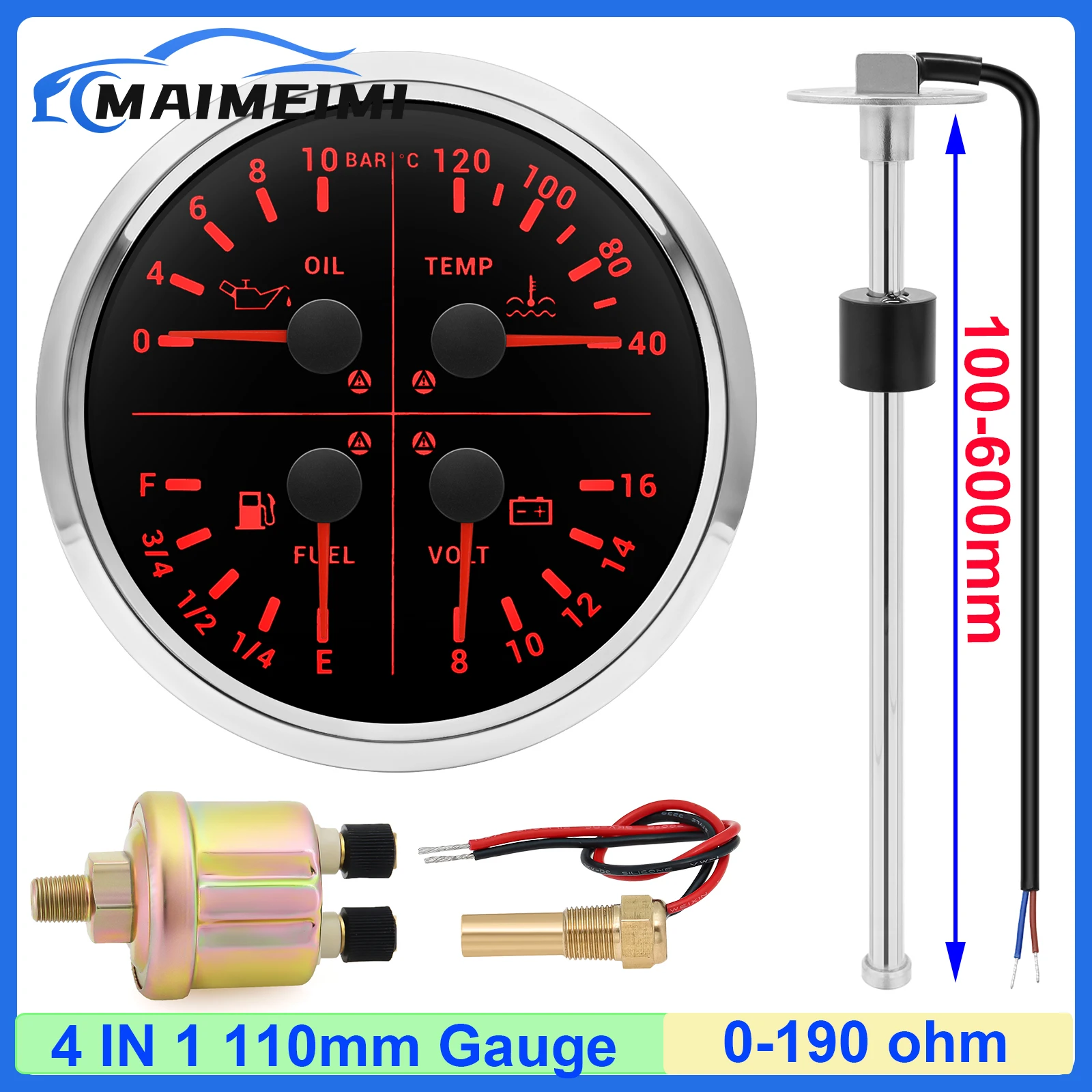 

Red LED Oil Pressure+Water Temp+Fuel Level Gauge+VOLT with Alarm Multifunctional 4 IN 1 110mm Gauge+Sensor 1/8NPT for Car Boat