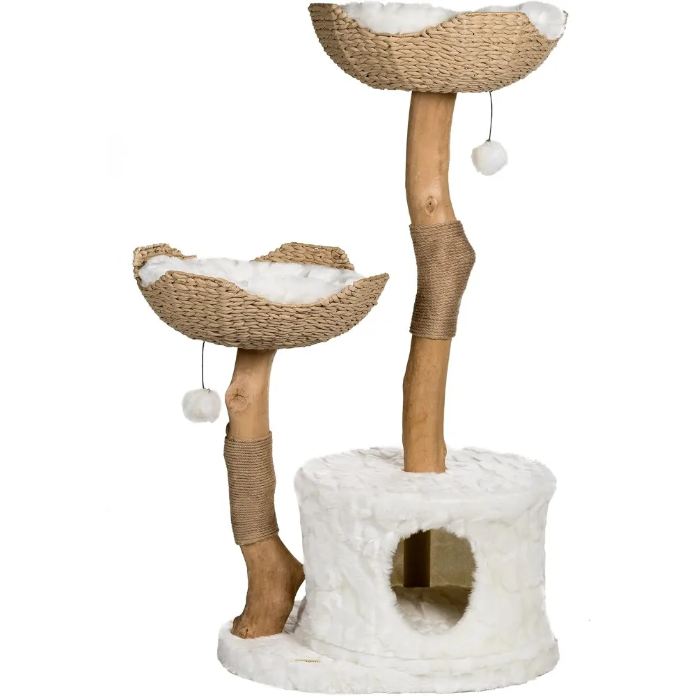 Modern Cat Tree Tower for Large Cats, Real Branch Luxury Cat Condo, Wood Cat Scratching Tree