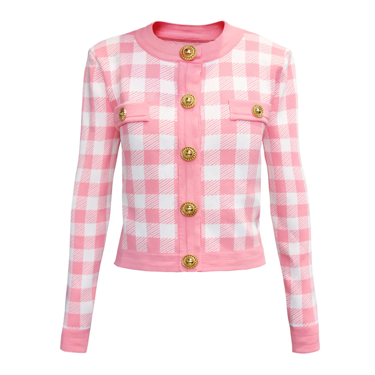 

High Quality Spring Autumn Check Cropped Cardigan Ladies Black O Neck Long Sleeve Top Female Gold Buttons Pink Knitwear Women