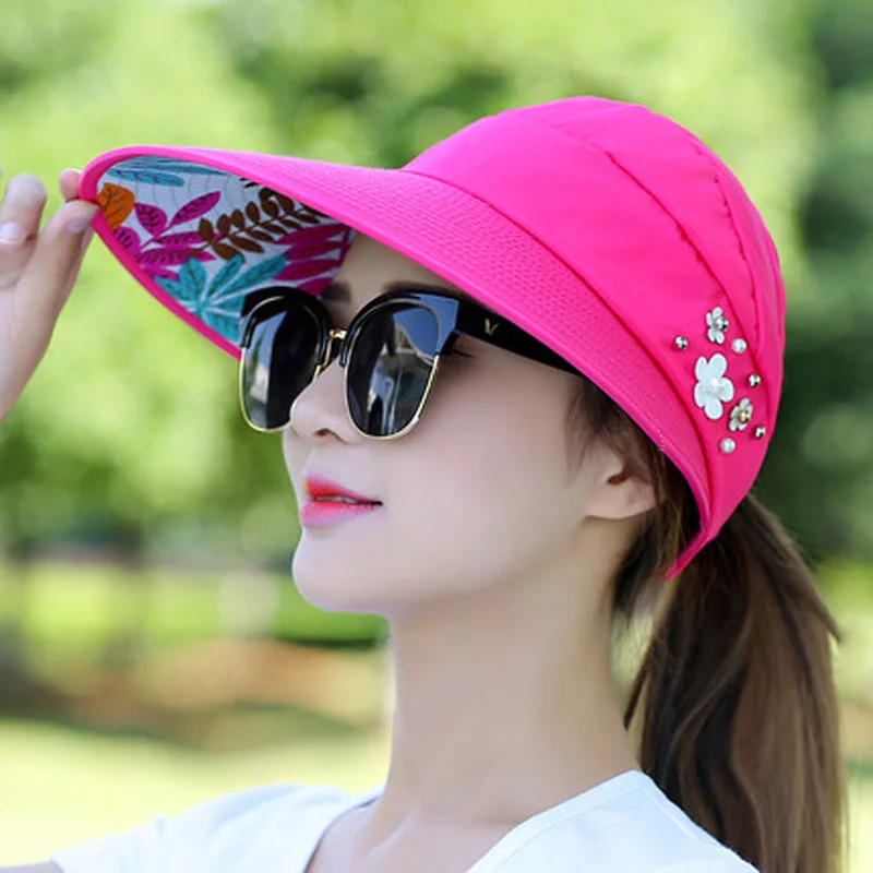 Cappello da sole ombra estiva HHt per donna protezione solare pieghevole spiaggia cappello a tesa larga protezione UV ciclismo Top vuoto