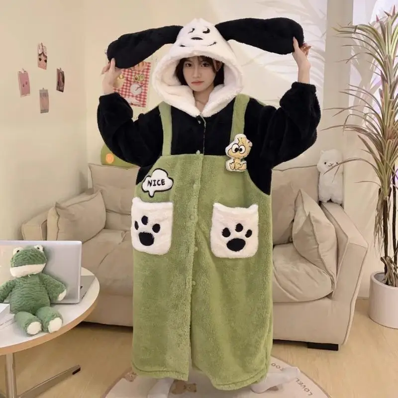 Cartoon Sanrios Pochacco Flannel Pajamas Hooded Winter Women\'s Coral Fleece Kittys Cute Girls Warmth Robe Thickened Home Clothes