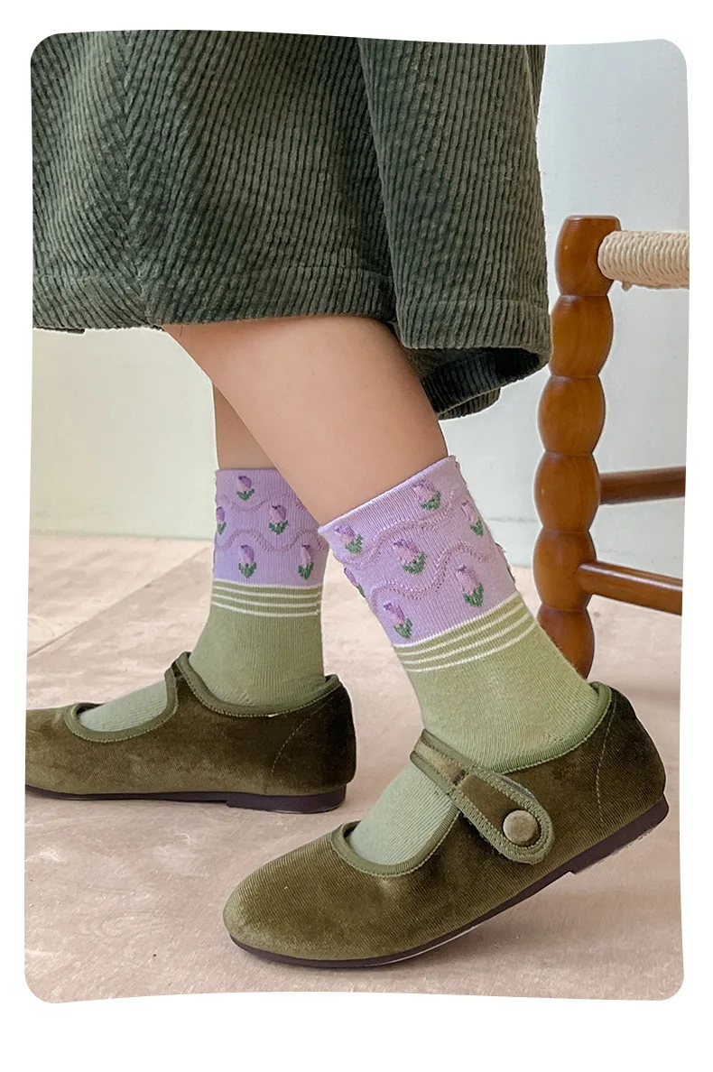 Mädchen-Baumwollsocken, Frühlings-Rüschensocken, lila Blumenmuster-Socken mit Schleife, 5 Paar, mittelhohe Socken, 1–12 Jahre, Baumwollsocken für Kinder. – Detail 14