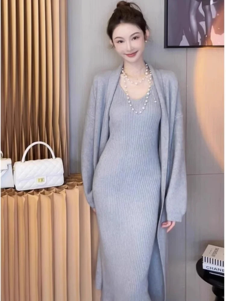 New Fashion French Women Cardigan Solid Mid-Length Sweaters Cardigan Female Jumpers Utumn Graceful Dress Two-piece Sets