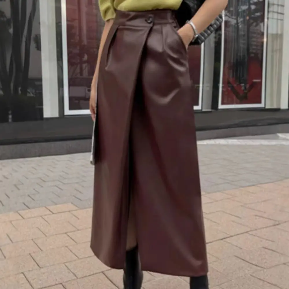 Fashionable High-Waist PU Skirt for Women Spring/Summer New Arrival Long Skirt Asymmetrical Split Design Women's Clothing