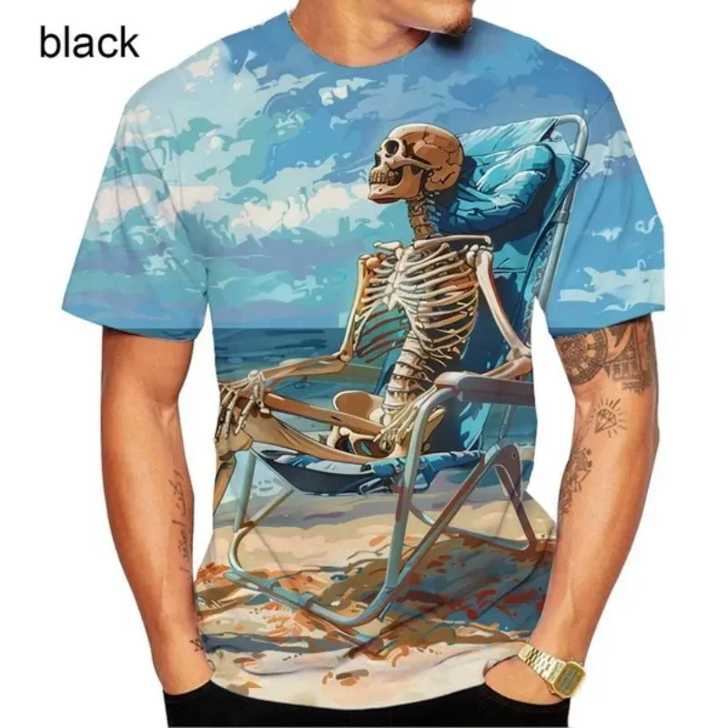 Men's and Women's Round Neck 3D HD Printed Beach Skull Pattern T-shirt Street Style Unisex Fashion Top  Men T-shirts