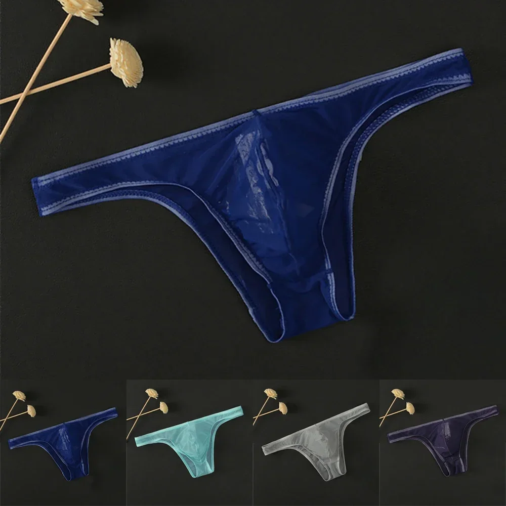 Men Sexy Ultra Thin Gauze Transparent Thong Panties Breathable Perspective Briefs Solid Color Quick-drying Knickers Underwear