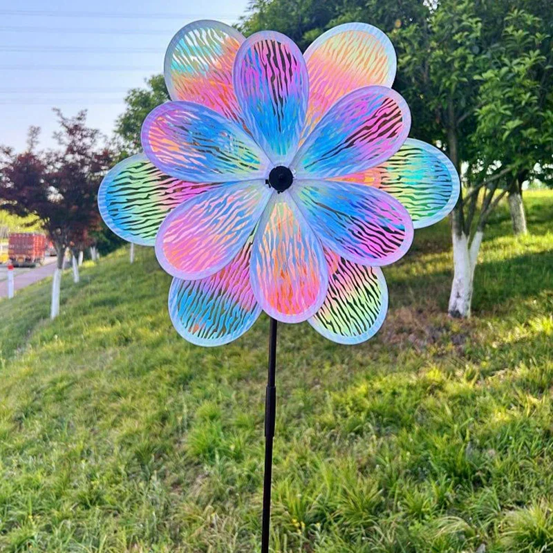 1 Piece Double Layer Color Film Color Changing Dazzling Windmill Rotating Wind Spinner Stake Standing Lawn Flower Pinwheel