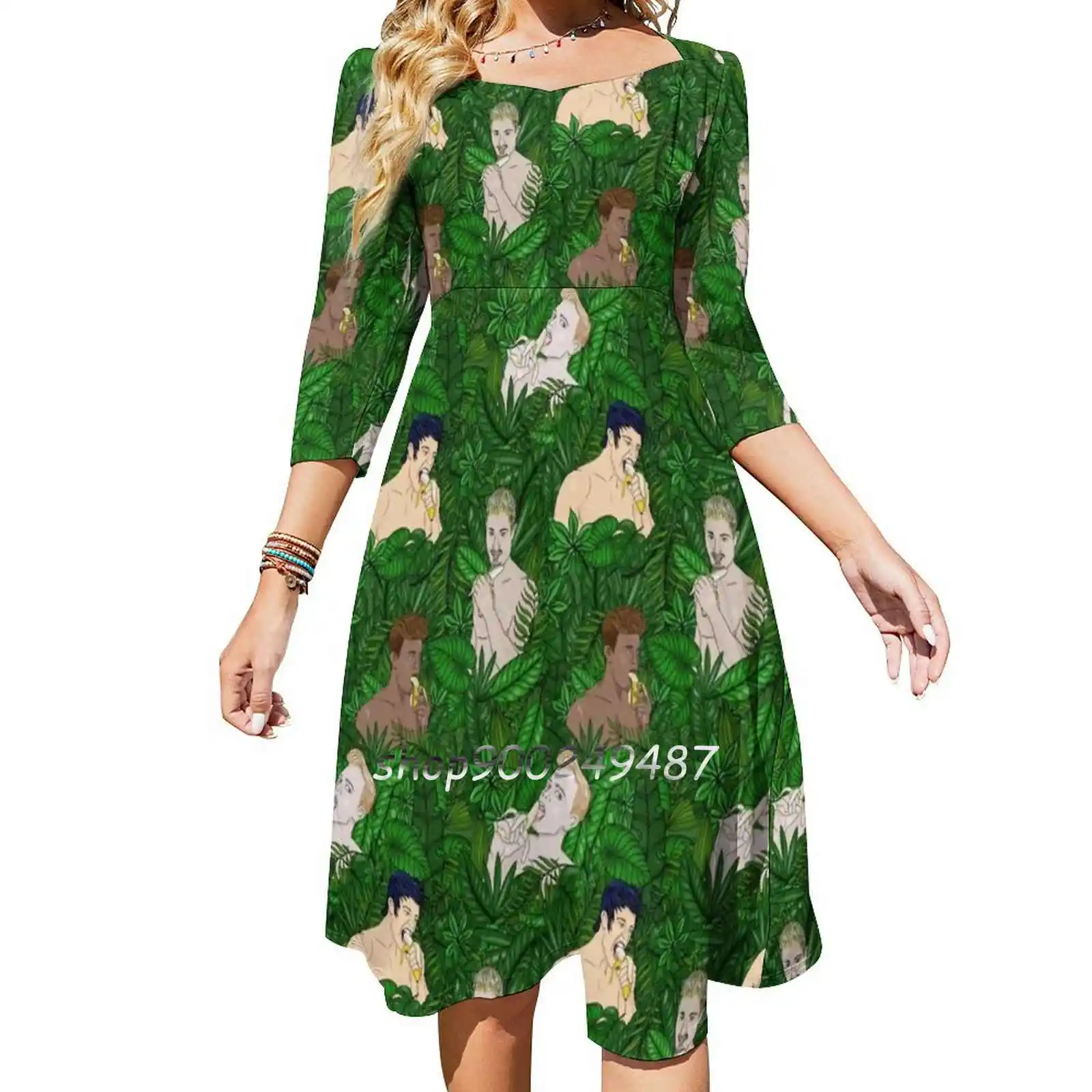 

Glamour Banana Boys Flare Dress Square Neck Dress Elegant Female Fashion Printed Dress Tropical Up Bananas Topless Men Leafy