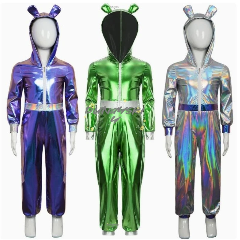

Alien Robot Astronaut Cosplay Costume Long Sleeve Metallic Shiny Hooded Jumpsuit for Halloween Outer Space Theme Party