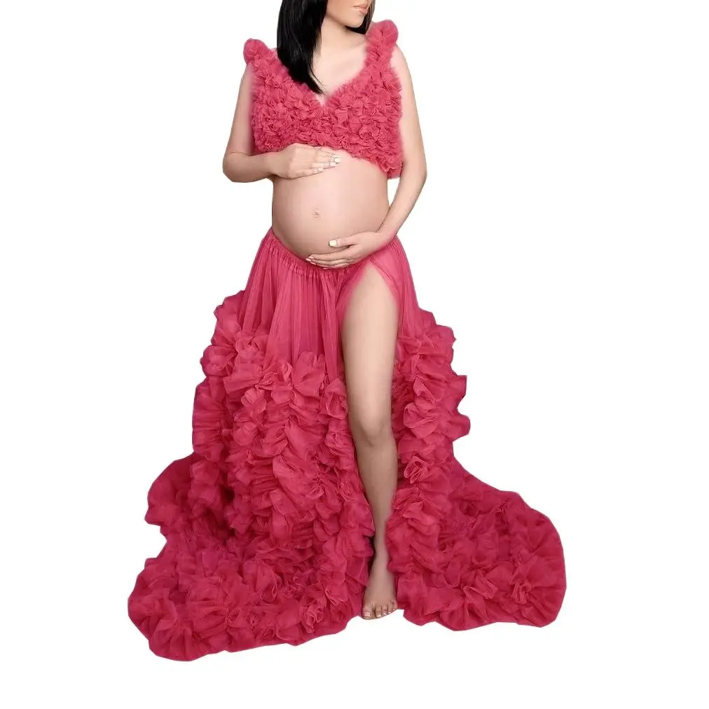 Photo Shoot Robe Dress Maternity Gown Set 2 Piece Tulle Pleated Front Slit Floor Length Dress Photoshoot Baby Shower