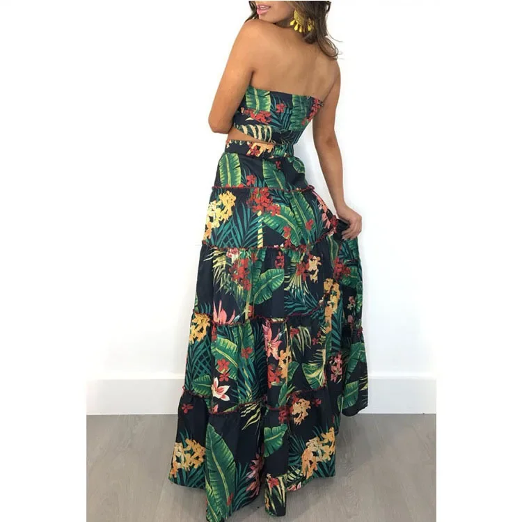 Causal Bikini Crop Top Long Dress Sexy Set for Women Summer Fashion Two Piece Skirt Beach Style Floral Print Midi Sexy Boho Sets