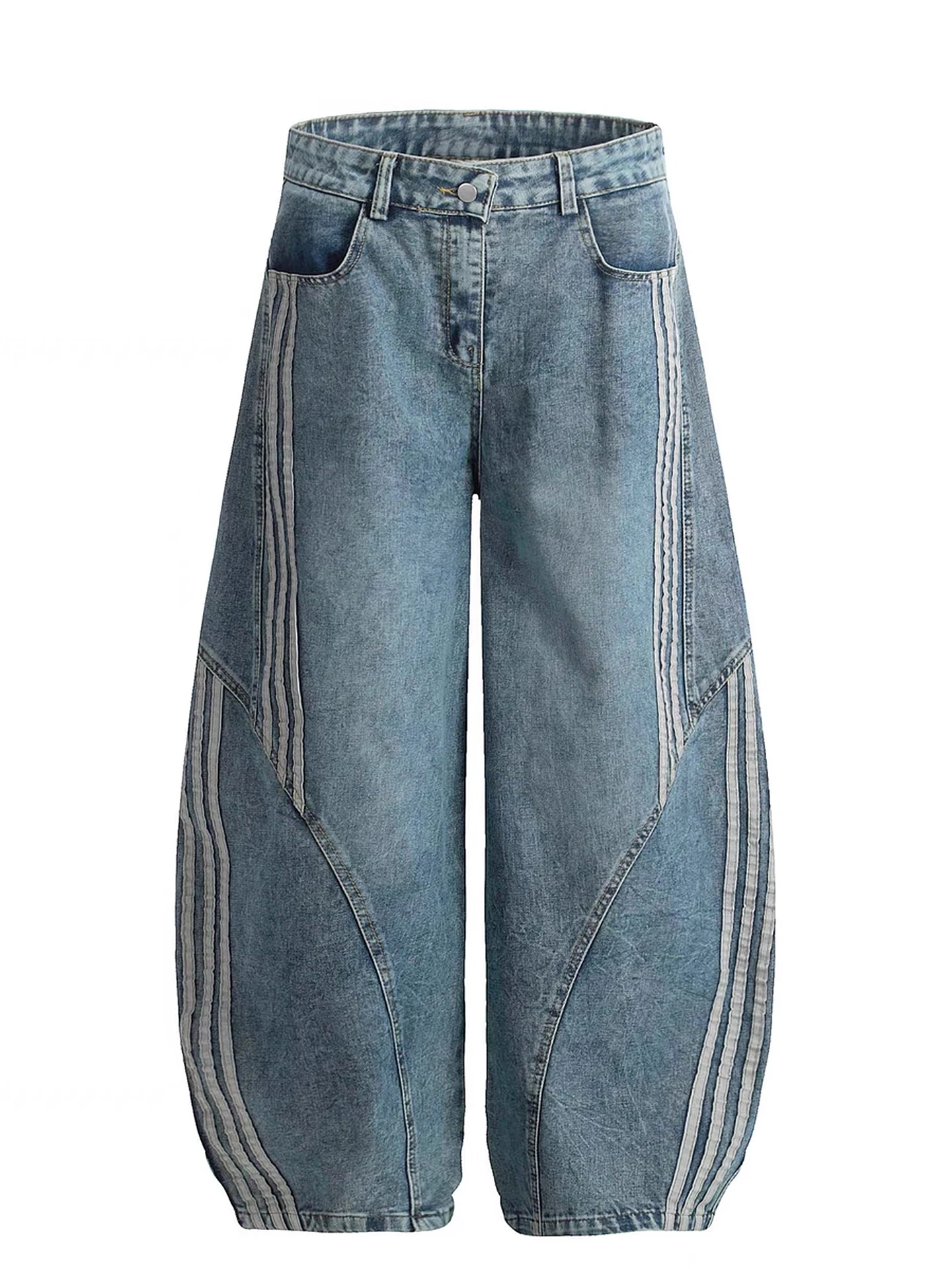 아메리칸 슬레 하이웨이스트 스트레이트 레그 진 여성용 패치워크 와이드 레그 팬츠 트렌디 하이 스트리트 루즈핏 블루 데님