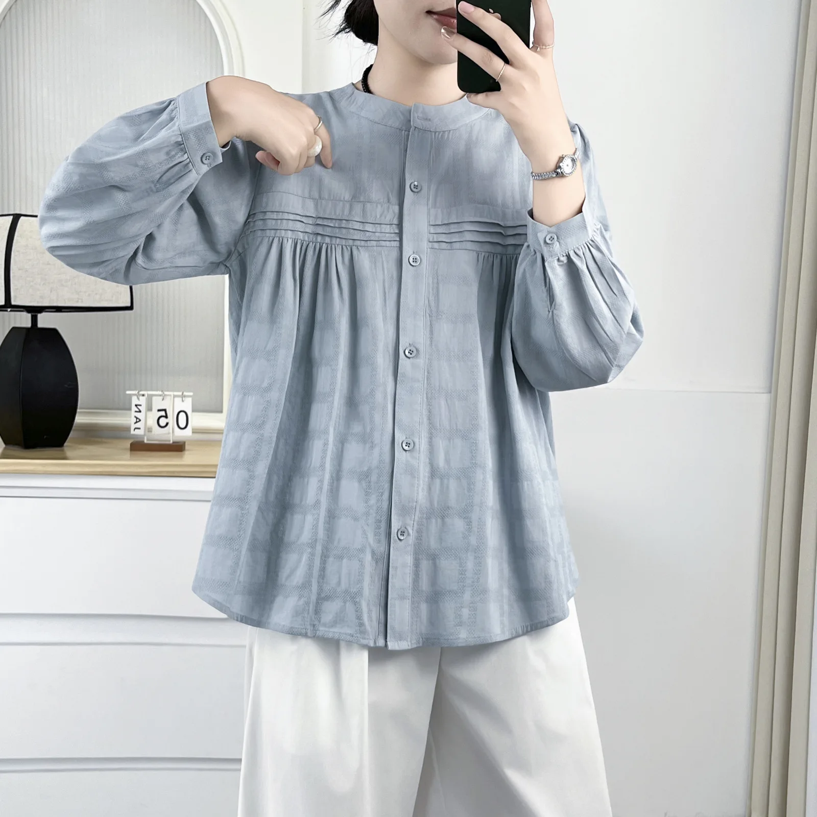 Moda plus size blusas femininas outono simples dobra jacquard algodão camisa de manga longa casual o-pescoço topos 6186